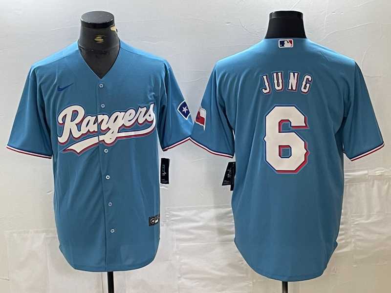 Men%27s Texas Rangers #6 Josh Jung Light Blue Team Logo Cool Base Jersey